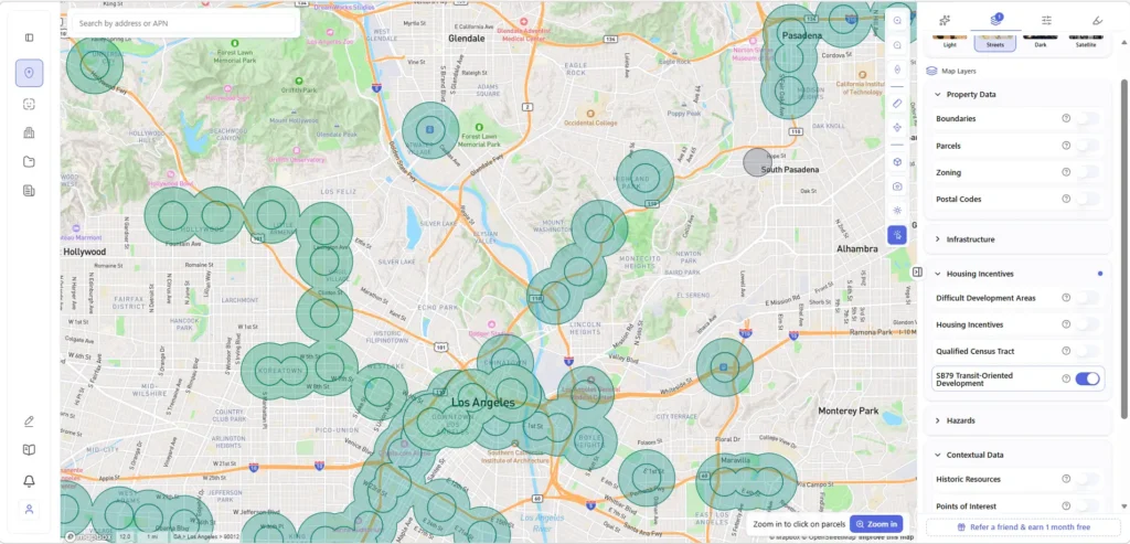 SB-79 transit eligibility zones in ArchiWise at city scale