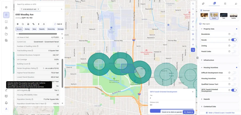 ArchiWise parcel-level SB-79 eligibility panel showing tier and distance to transit